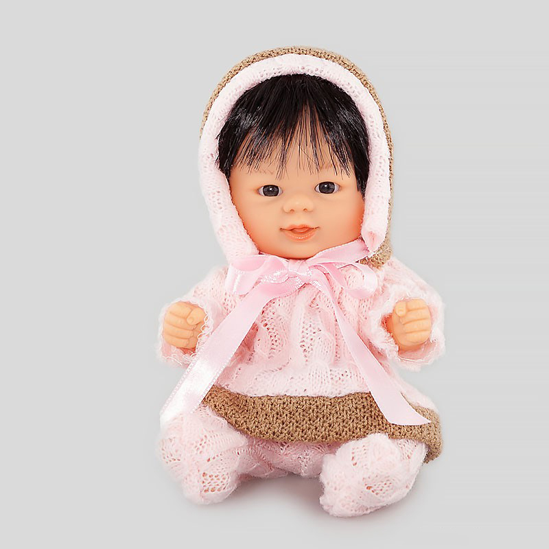 Кукла Бебетин в вязаном костюме с розовым бантиком, 21 см  